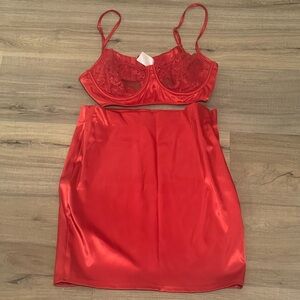 Fashion Nova Red Satin Crop Top and Skirt Set